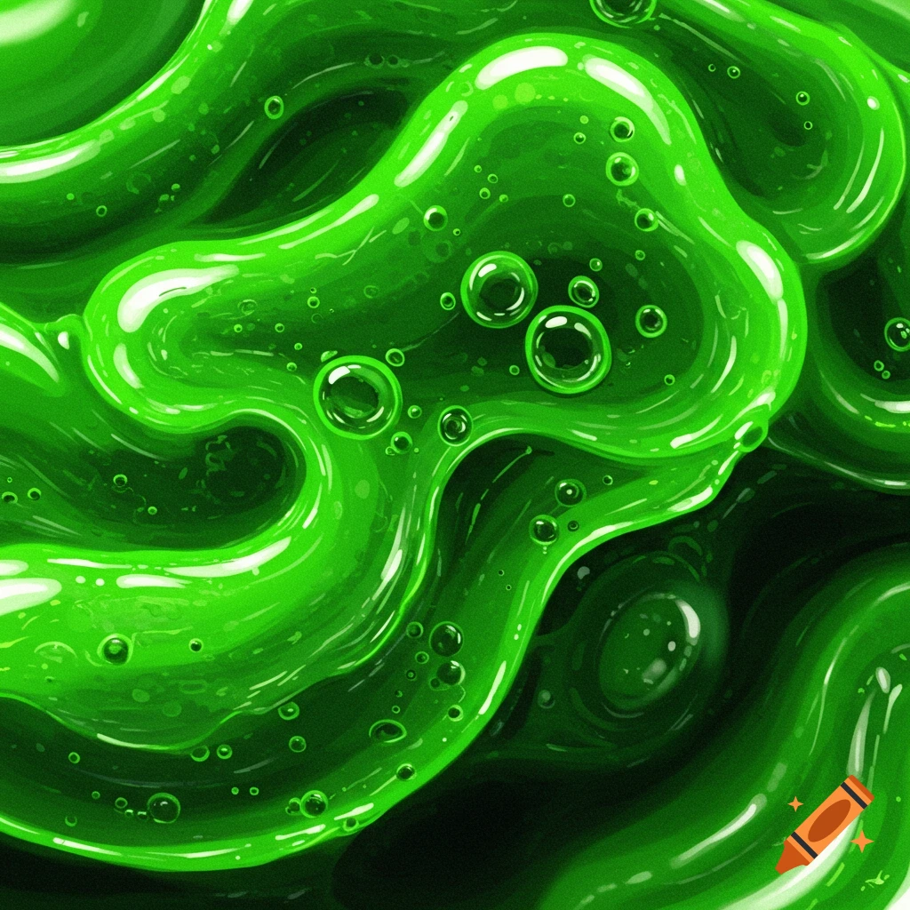 A close-up of bright green slime with bubbles.