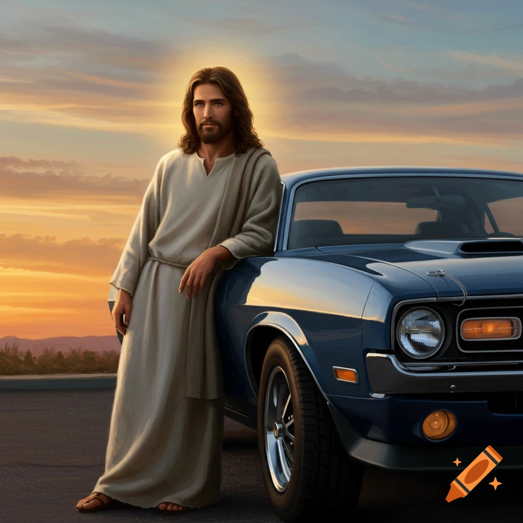 Image of Jesus Christ leaning on a blue muscle car at sunset.