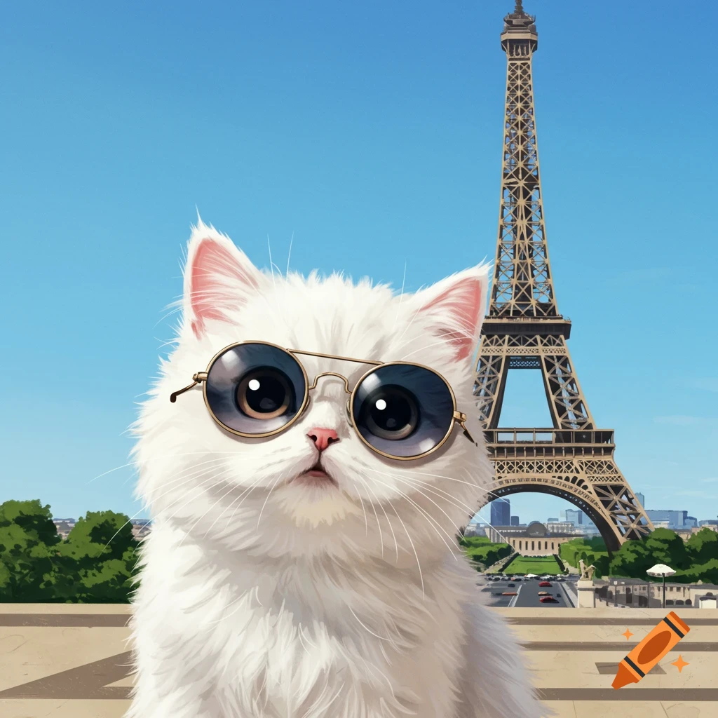 A fluffy white cat wearing sunglasses in front of the Eiffel Tower in Paris.