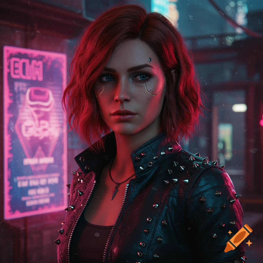 A cyberpunk woman with red hair and blue eyes wears a black studded leather jacket in a neon-lit city.