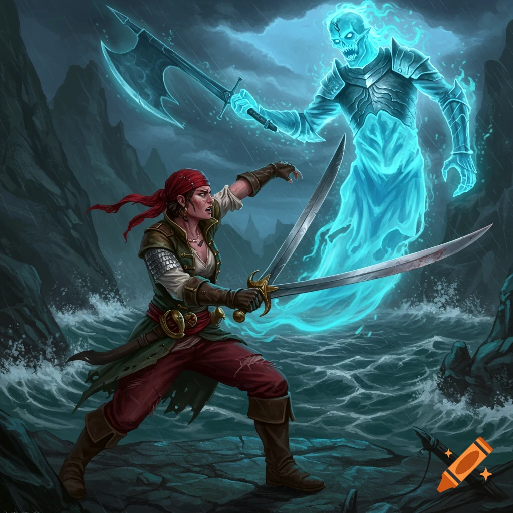 A female pirate battling a glowing ghost knight with swords on a stormy shore.