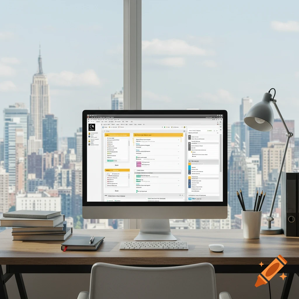 Desk with a computer displaying software, books, a lamp, and a cityscape view outside a window.