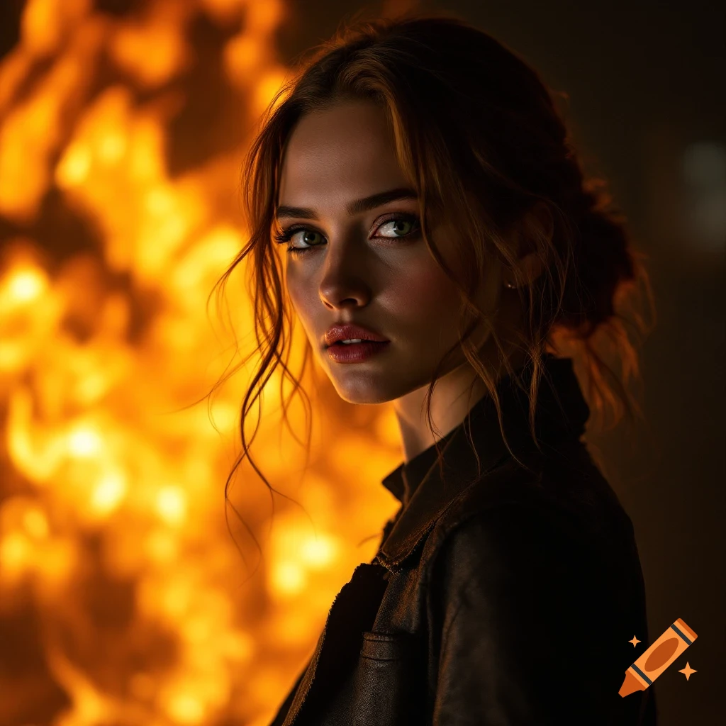 Portrait of a woman with intense eyes and leather jacket, backlit by fire.