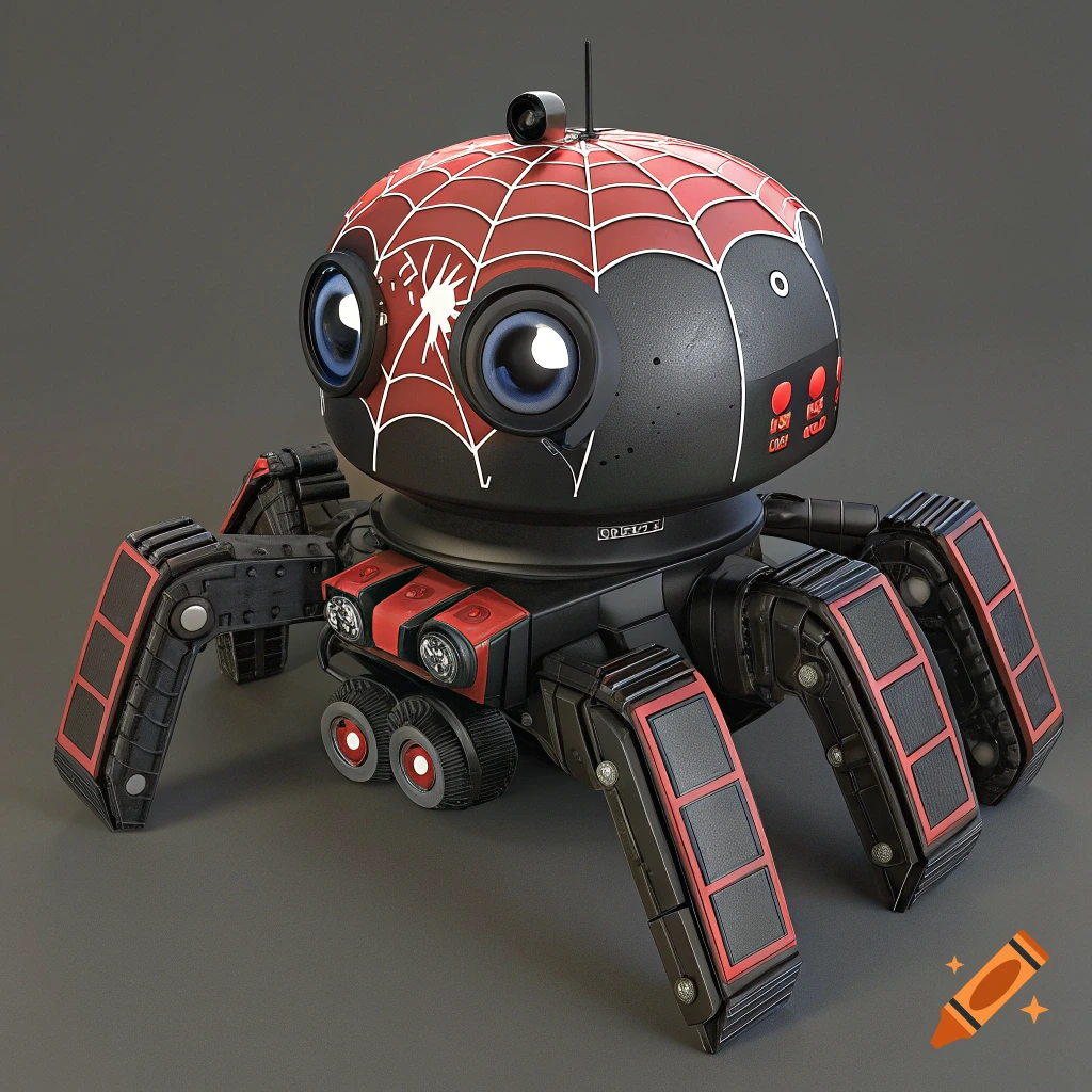 A 3D render of a spider-shaped robot with red and black Spider-Man colors and multiple legs.