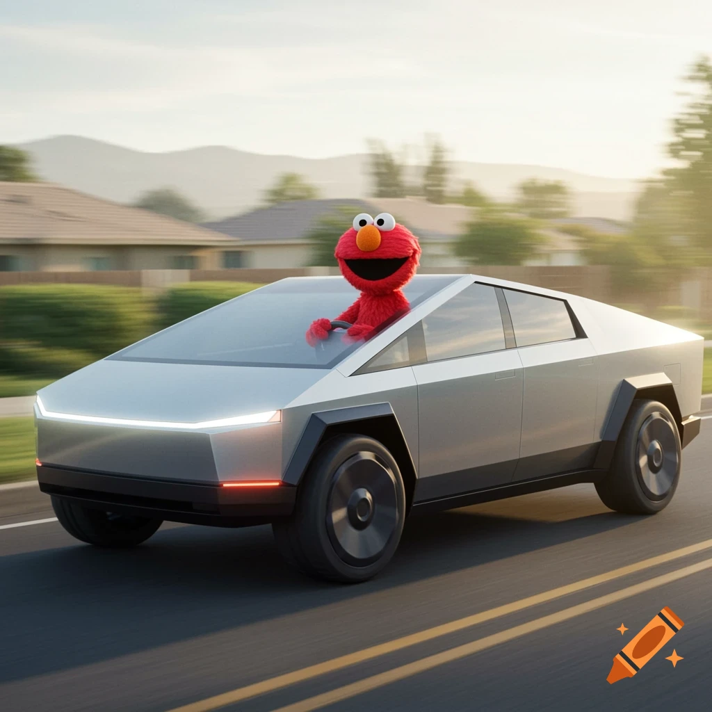Cartoon illustration of Elmo driving a Tesla Cybertruck on a suburban road.