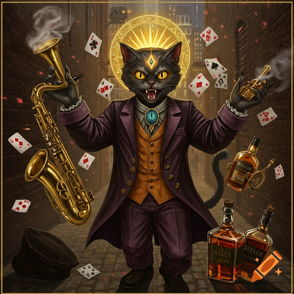 A mystical black cat in a suit holds a saxophone and pistol, surrounded by playing cards and whiskey in an alley.