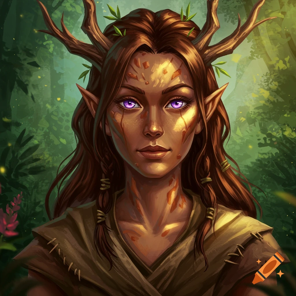 Portrait of a female fantasy character with pointed ears and markings in a forest