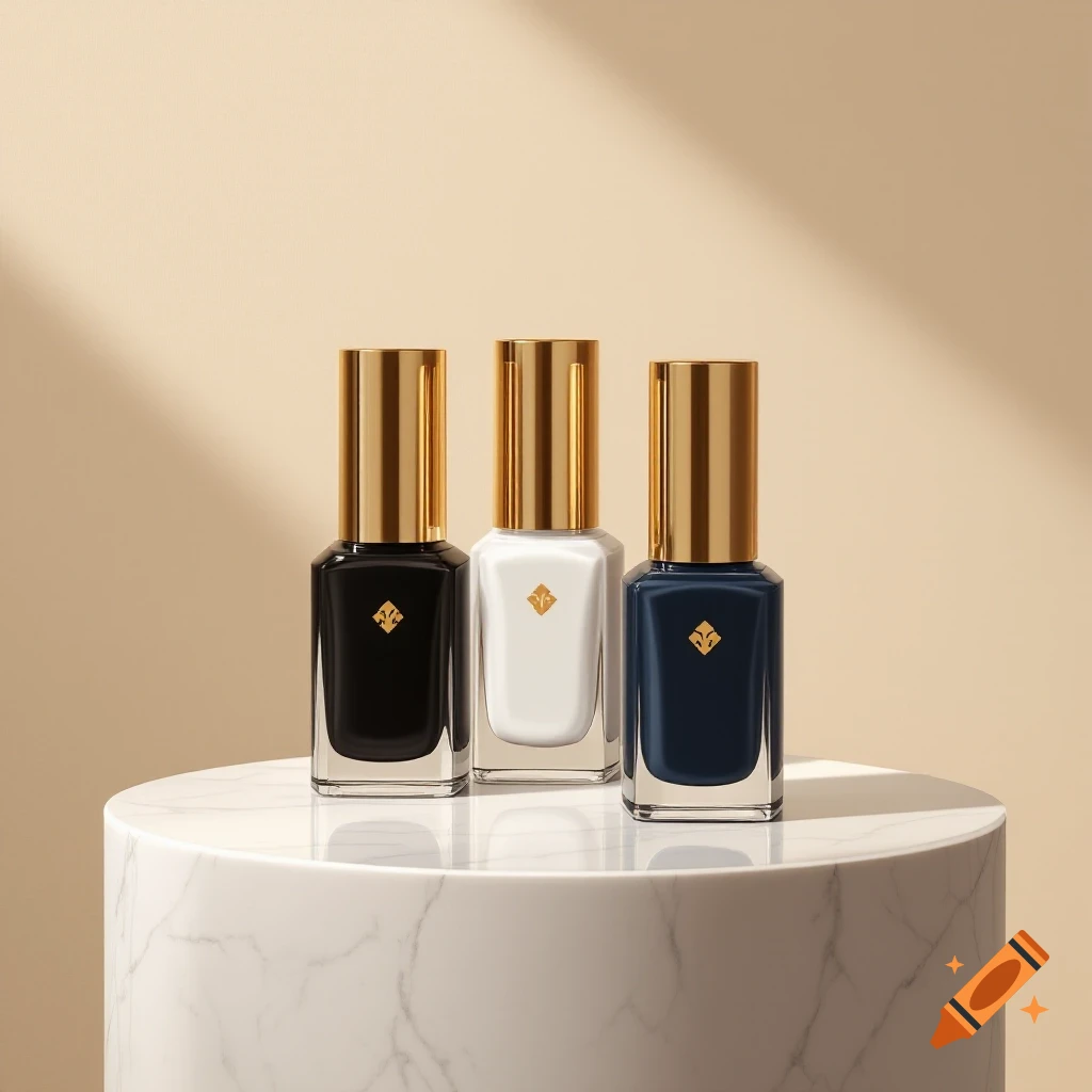 Three black, white, and deep navy blue nail polish bottles with shiny gold caps displayed on a white marble pedestal.