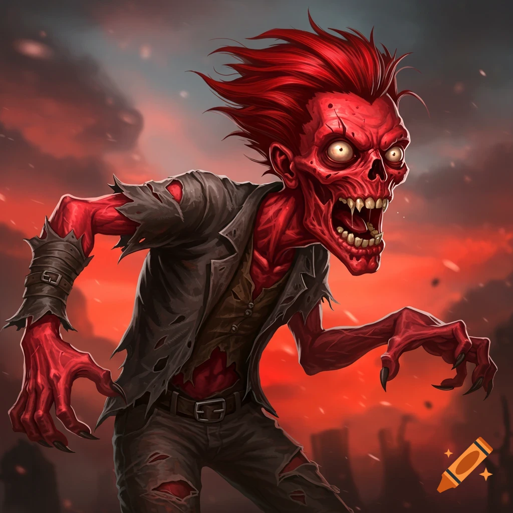 A red zombie with sharp teeth and ragged clothes stands against a red sky.