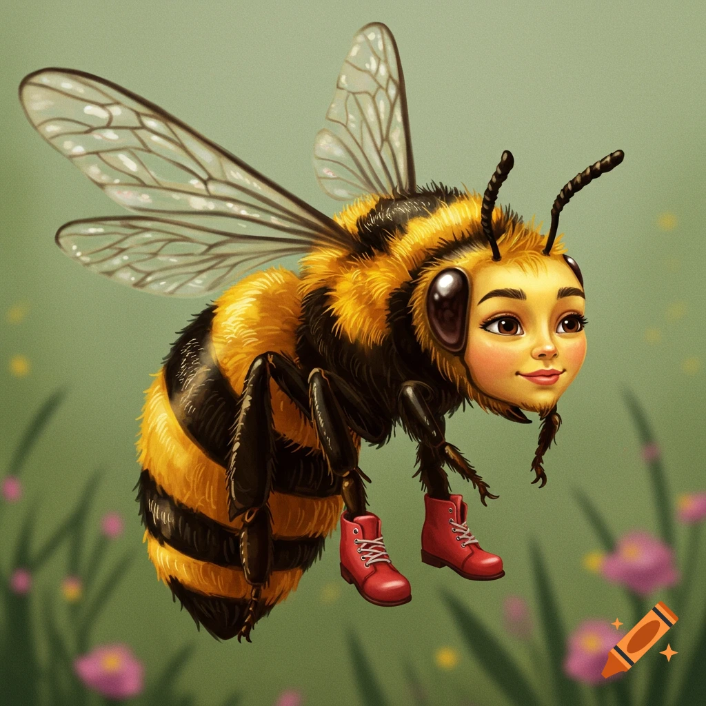 A bee with a human face wearing red boots flying in a field