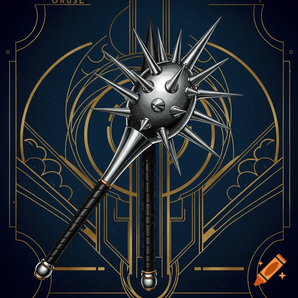 A spiked mace or kanabo against an art deco background.