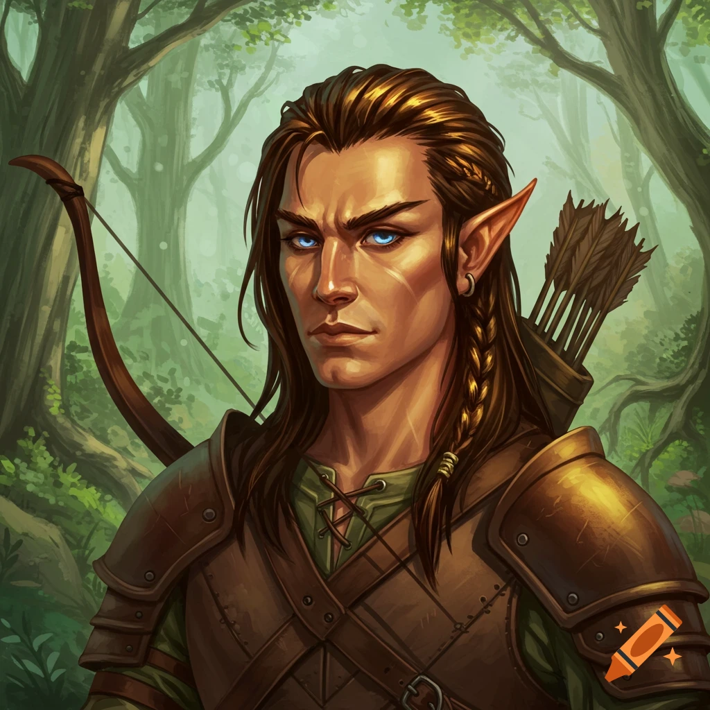 A half-elf ranger with blue eyes and long hair stands in a forest.