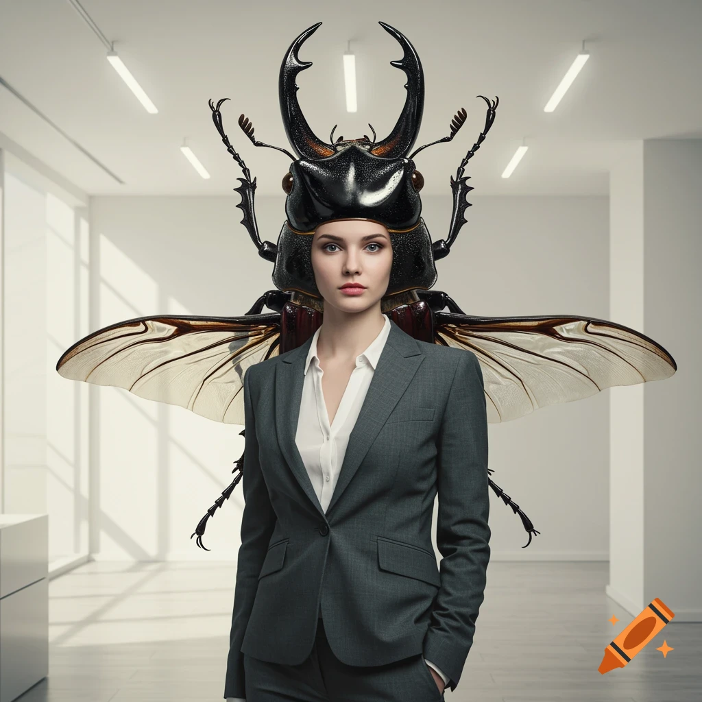 Surreal image of a woman in a business suit with a giant beetle head and wings in an office.