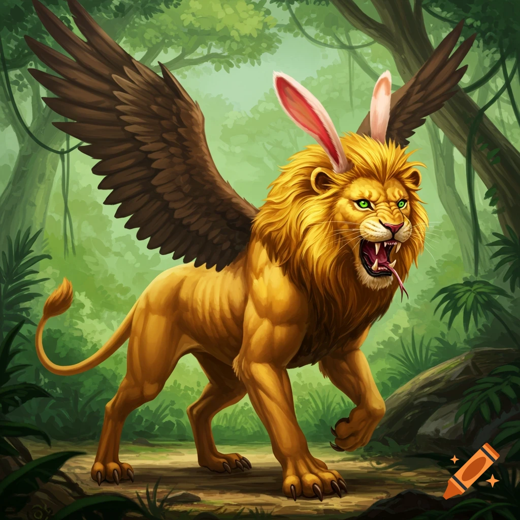 A winged lion with rabbit ears and snake fangs in a forest.