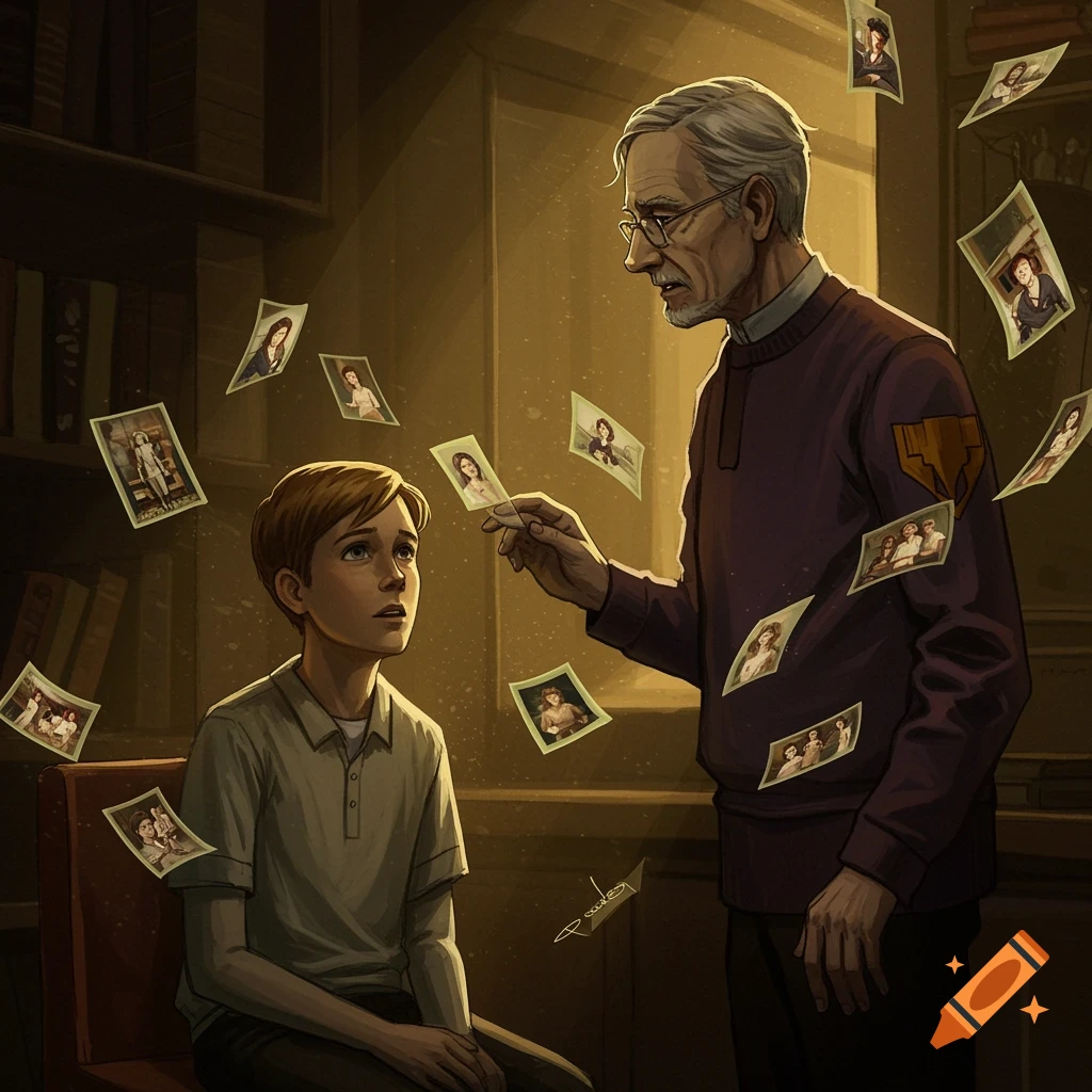 An old man shows floating memories to a young boy in a dimly lit room.