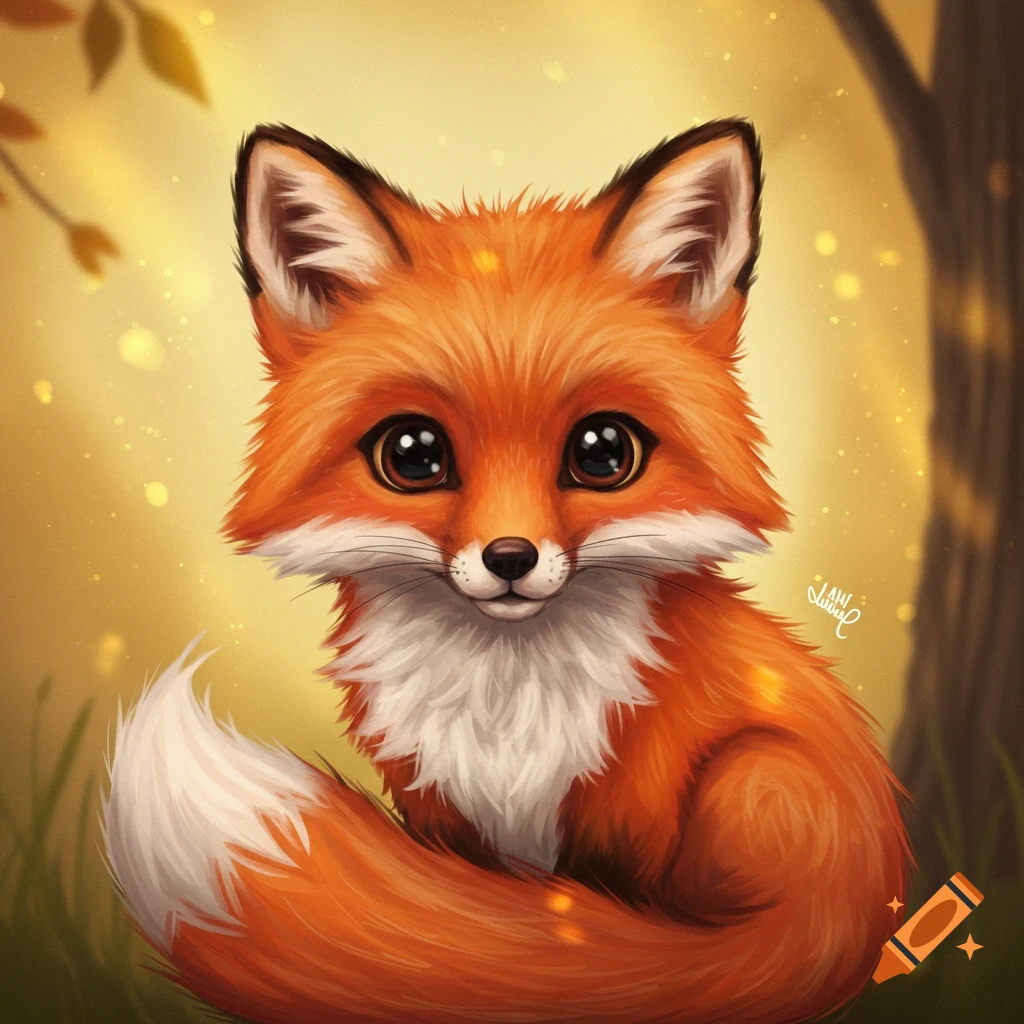 A cute cartoon red fox sits in a forest.