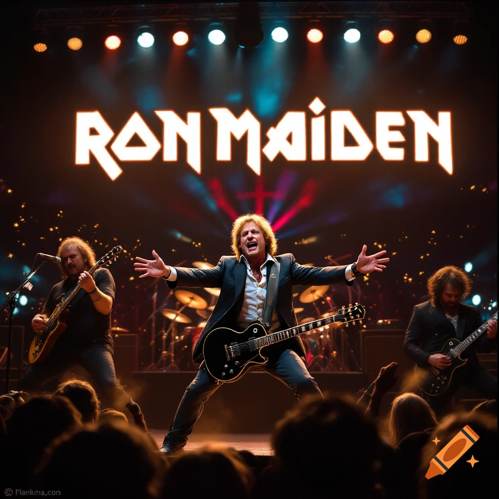 A band plays a concert on stage under bright lights with 'RON MAIDEN' displayed behind them.