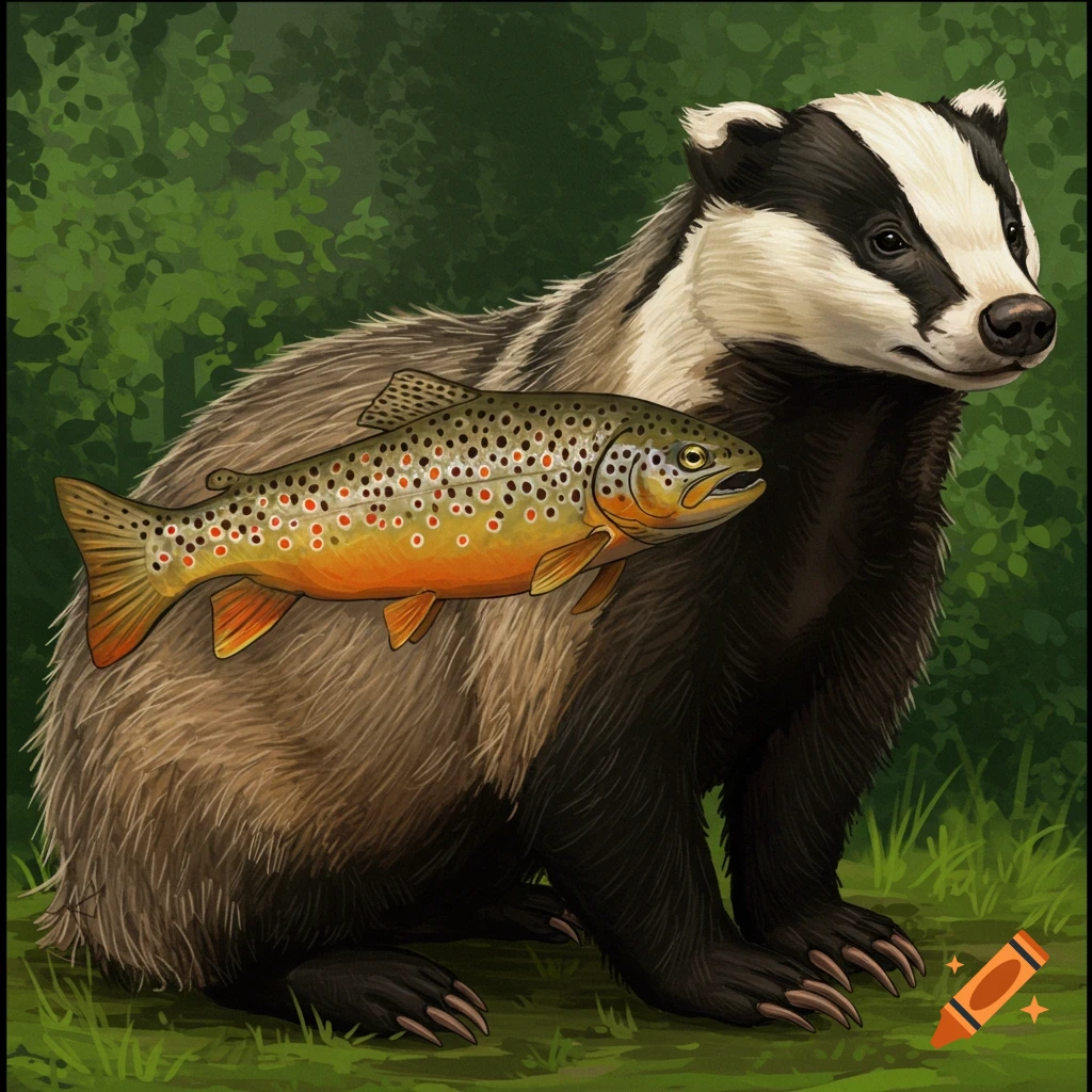 A badger sitting with a brown trout overlaid on its body.