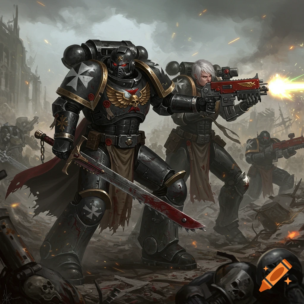 Two armored soldiers, one with a sword, the other with a rifle, fighting in a ruined city.