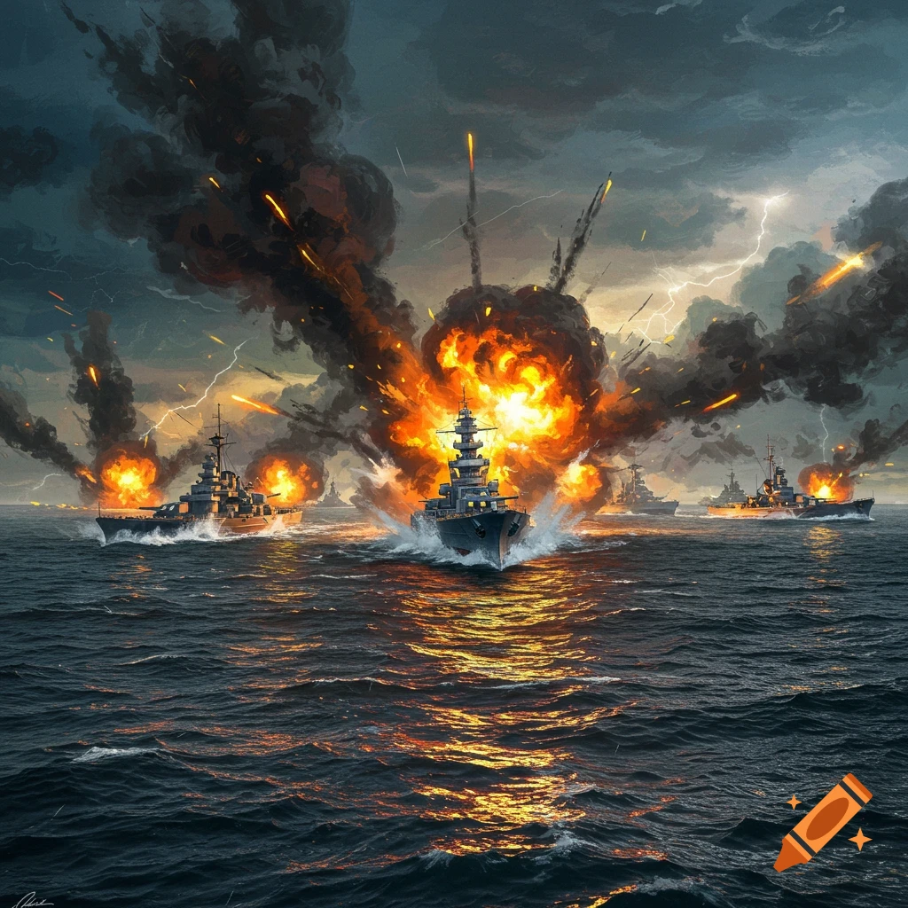 A naval battle with battleships, explosions, and lightning in a stormy sea.