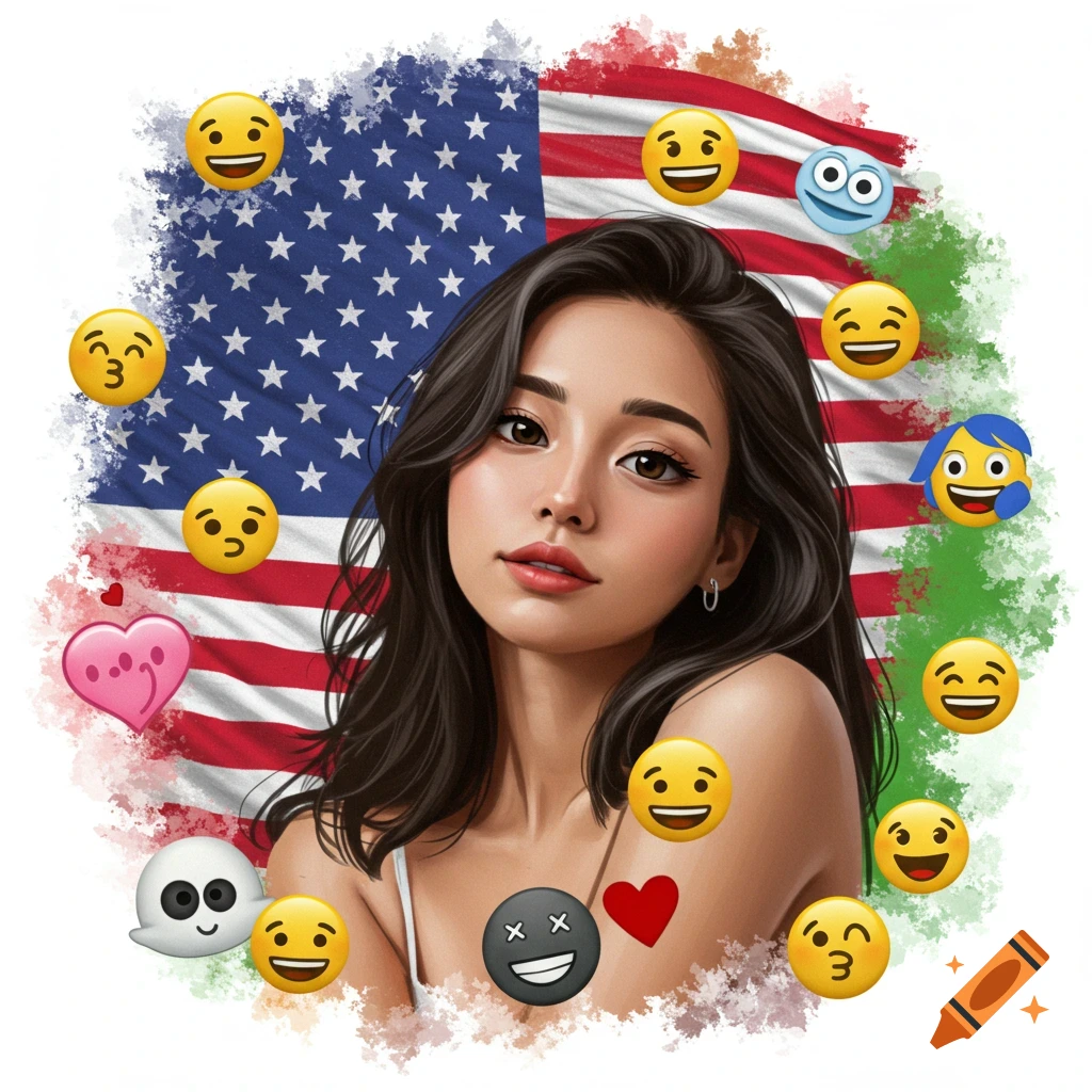 Digital art portrait of a woman with the US flag and emojis surrounding her