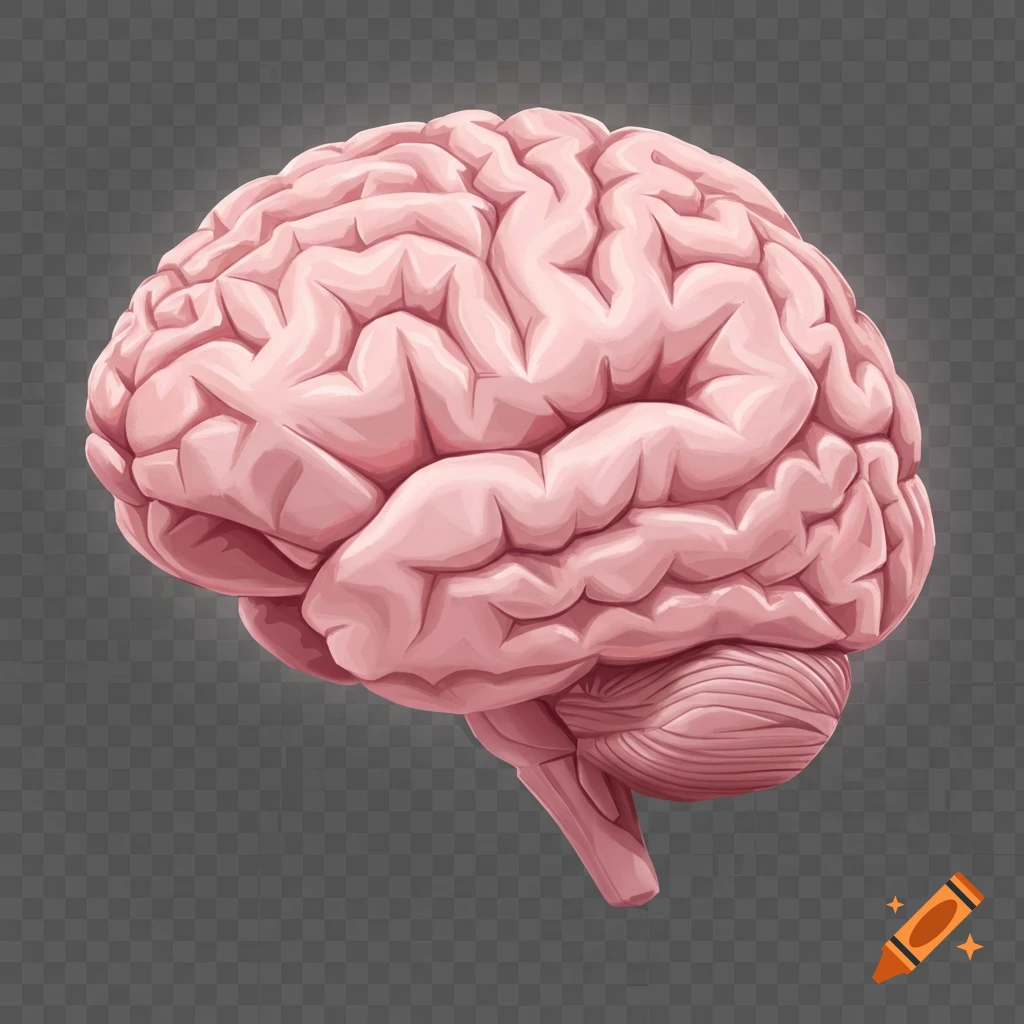 A pink origami sculpture of a human brain against a transparent background.