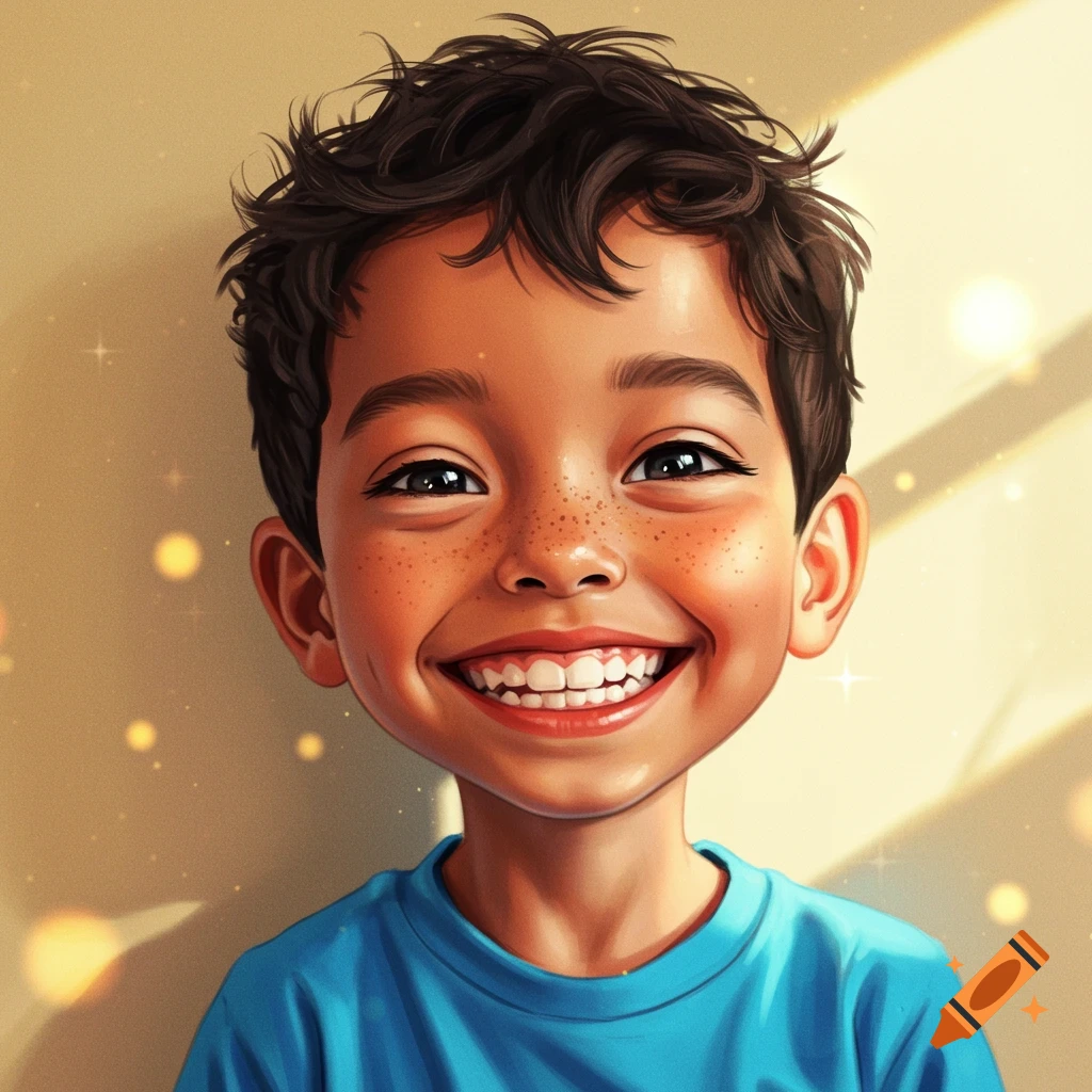 Cartoon of a smiling boy with freckles in a blue shirt.