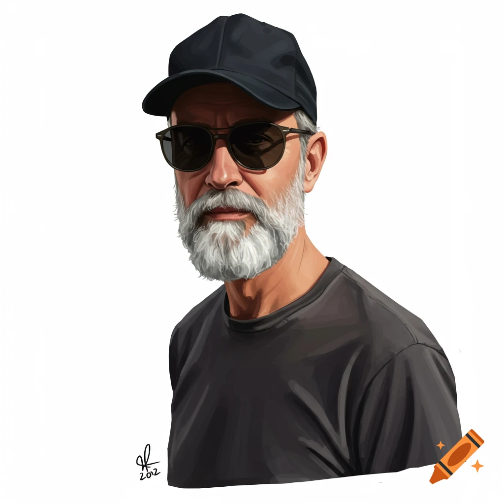 A portrait of a middle-aged man with a grey beard, wearing a black baseball cap and sunglasses.