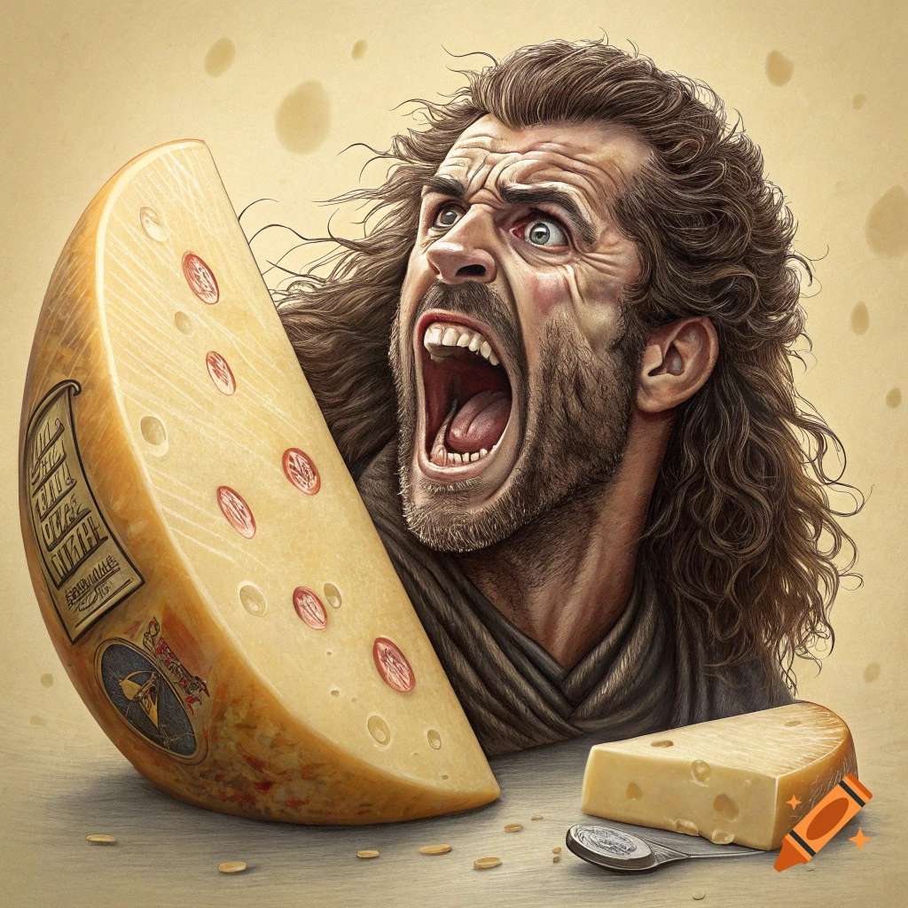 Illustrative painting of a man screaming dramatically next to a large cheese wheel.