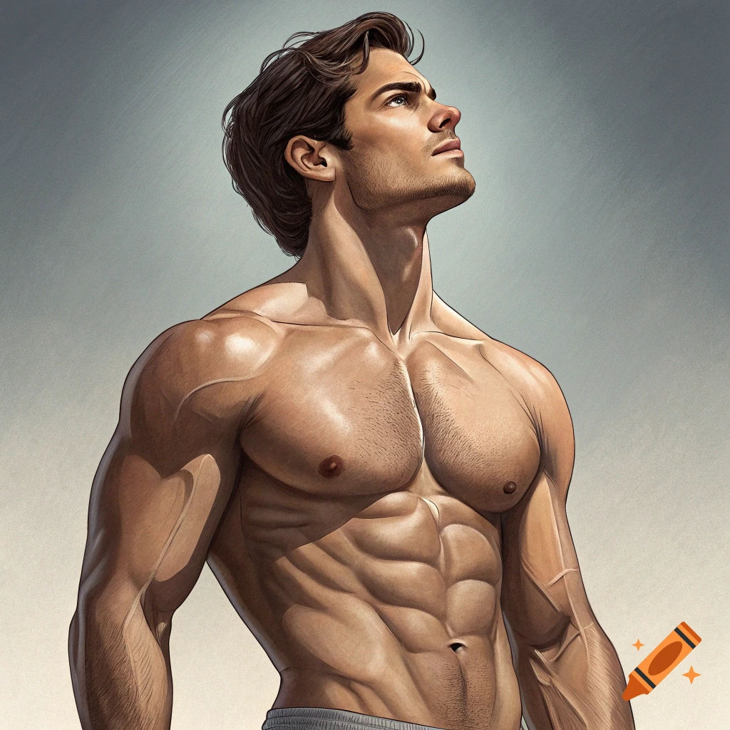 Muscular man looking up, illustration
