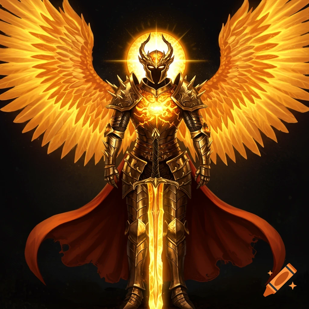 Golden armored warrior with fiery wings and sword stands before a radiant sun.
