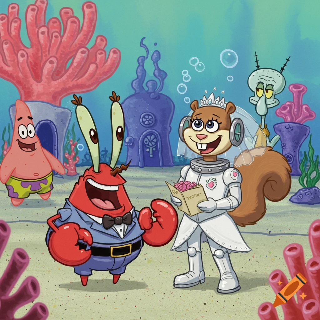 Mr. Krabs and Sandy Cheeks in wedding attire with Patrick and Squidward in an underwater scene.