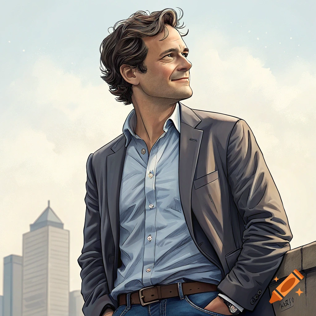 Illustrated portrait of a man in a suit looking off-camera against a city skyline.