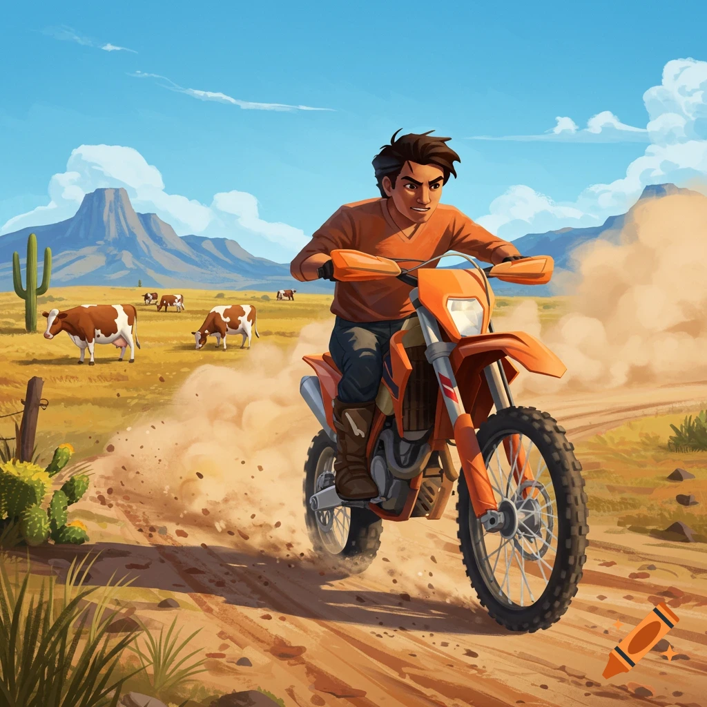 A man on an orange dirtbike is riding fast through a dusty desert landscape with cows grazing in the background.