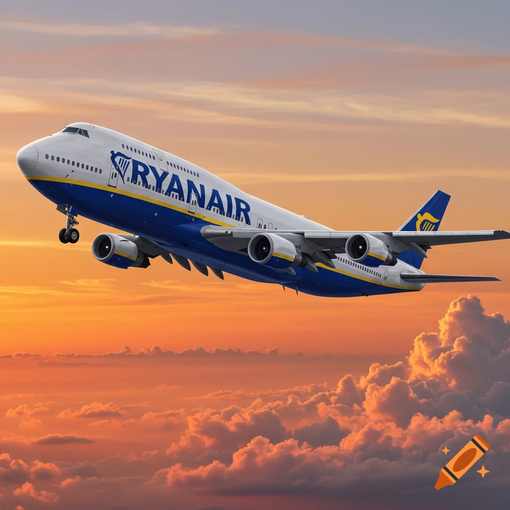 A Ryanair Boeing 747 airplane takes off into a vibrant orange and purple sunset sky above clouds.