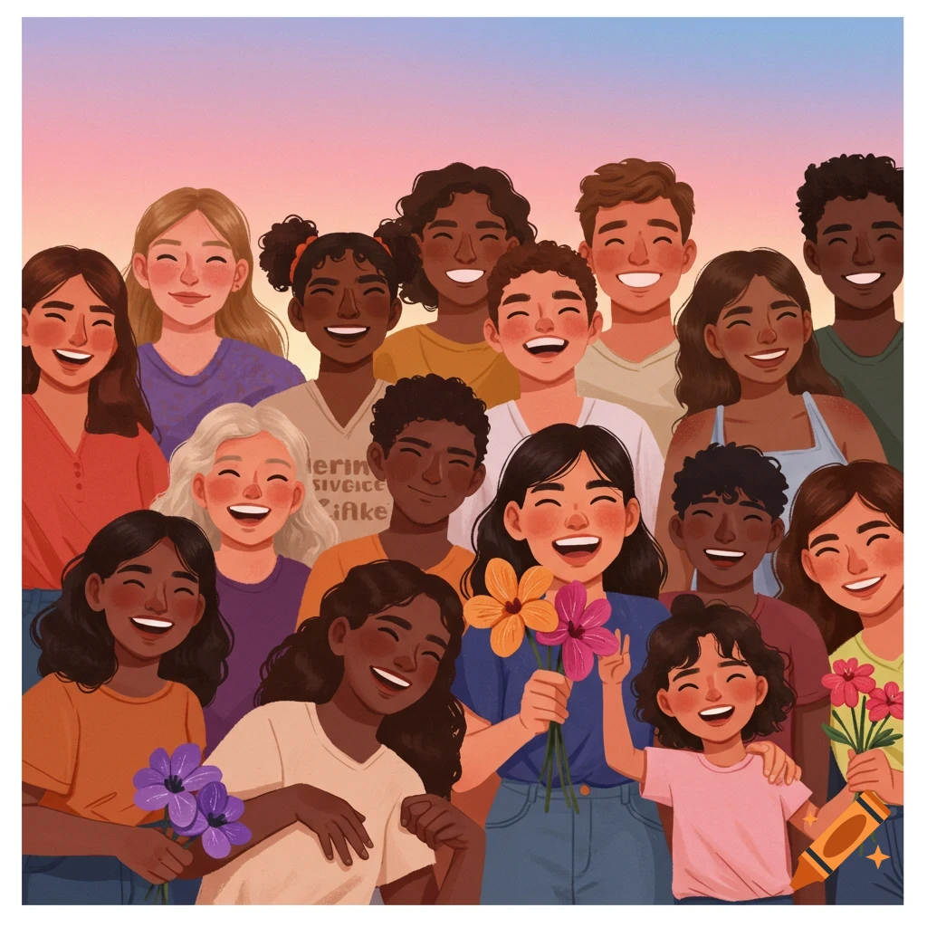 A diverse group of smiling people hold flowers against a pastel sky.