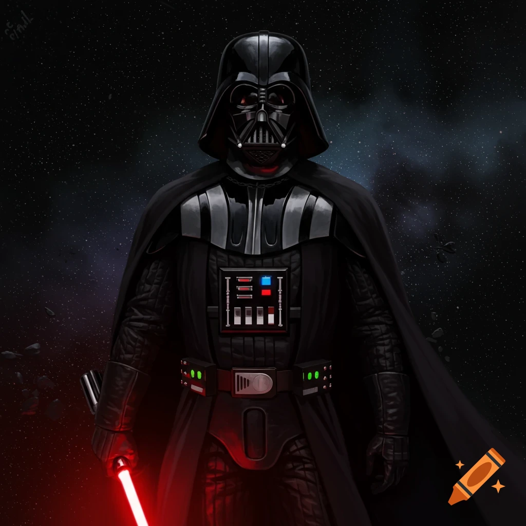 Darth Vader holding a red lightsaber against a starry space background.
