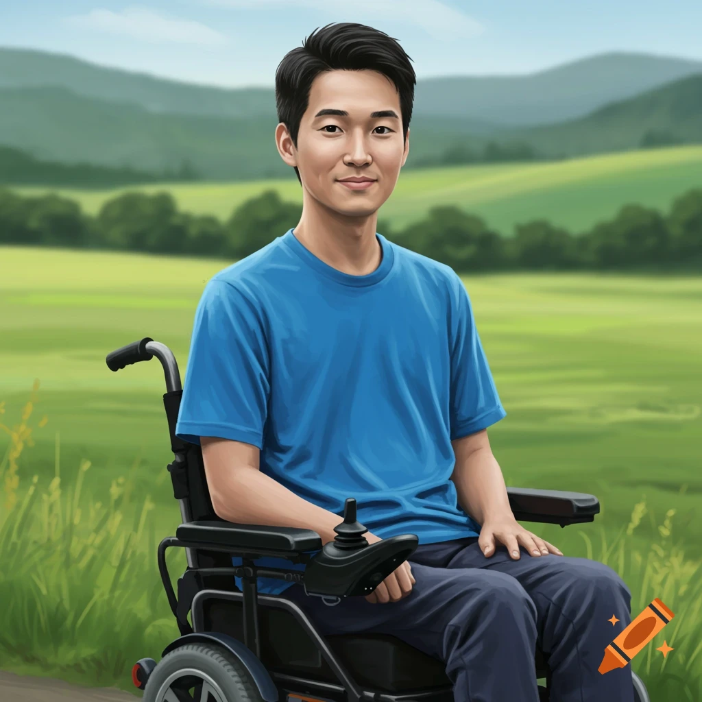 A man in an electric wheelchair outdoors with hills in the background.