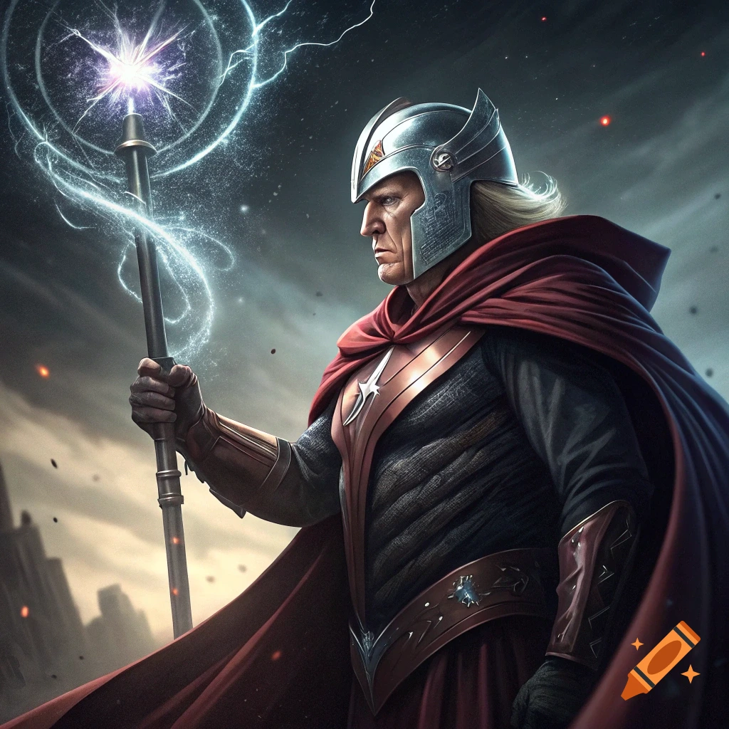 Man resembling Donald Trump in superhero armor holding a staff with lightning against a stormy sky.