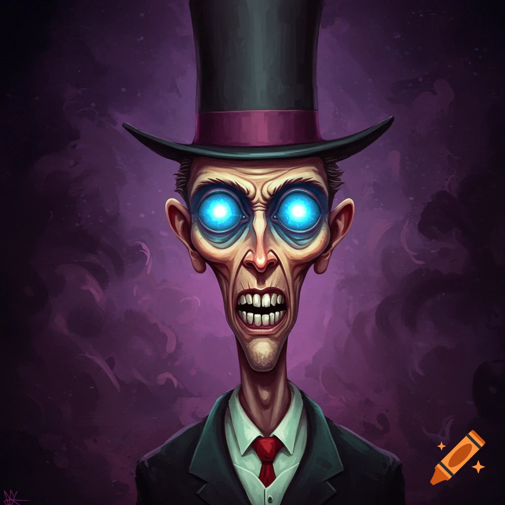 Stylized image of a distorted man in a suit and top hat with glowing blue eyes