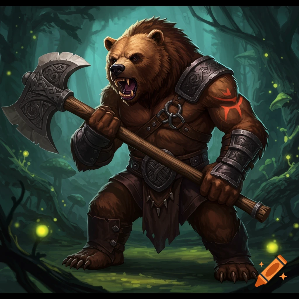 A fantasy bear warrior in armor holding an axe.
