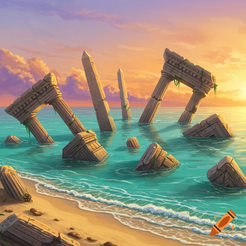 Ancient ruins partially submerged in the ocean near a beach at sunset.