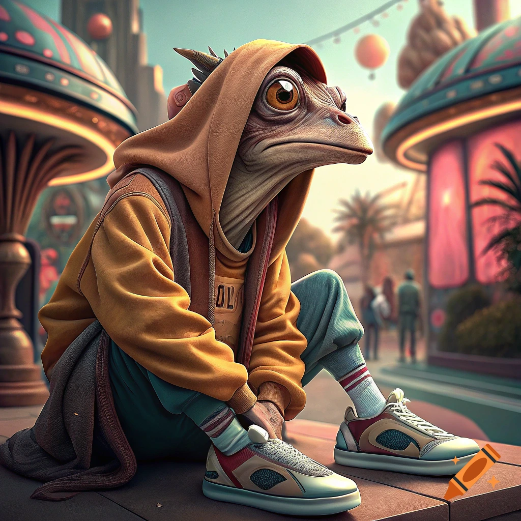 A lizard creature wearing a yellow hoodie and sneakers sits on a ledge in an urban fantasy setting.