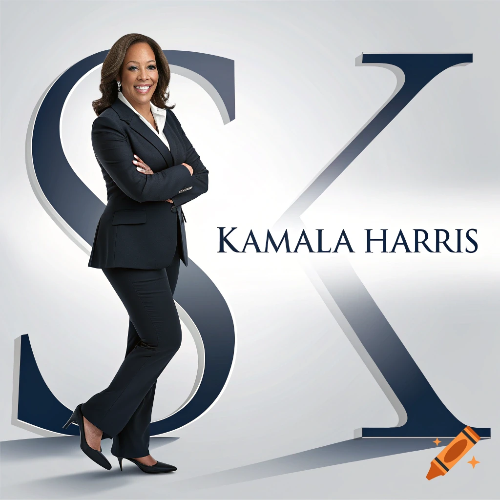 Kamala Harris poses next to large abstract letters S and X with her name next to her.