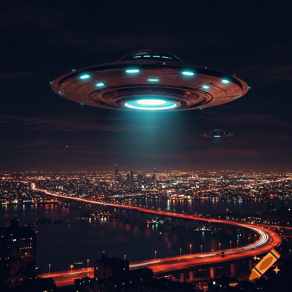 A large UFO hovers over a city at night, with another UFO in the distance.