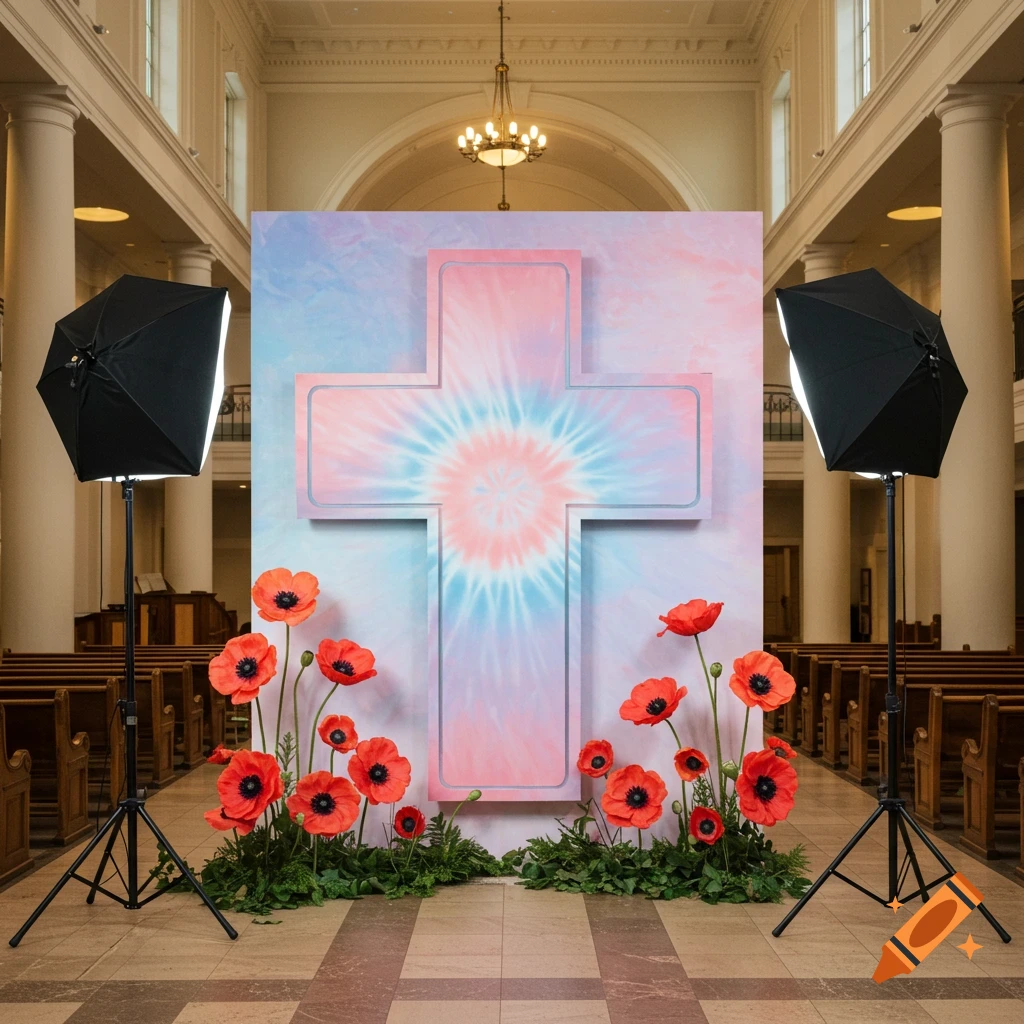 Photobooth backdrop featuring a pastel tie-dye cross and red poppies set up in a church.