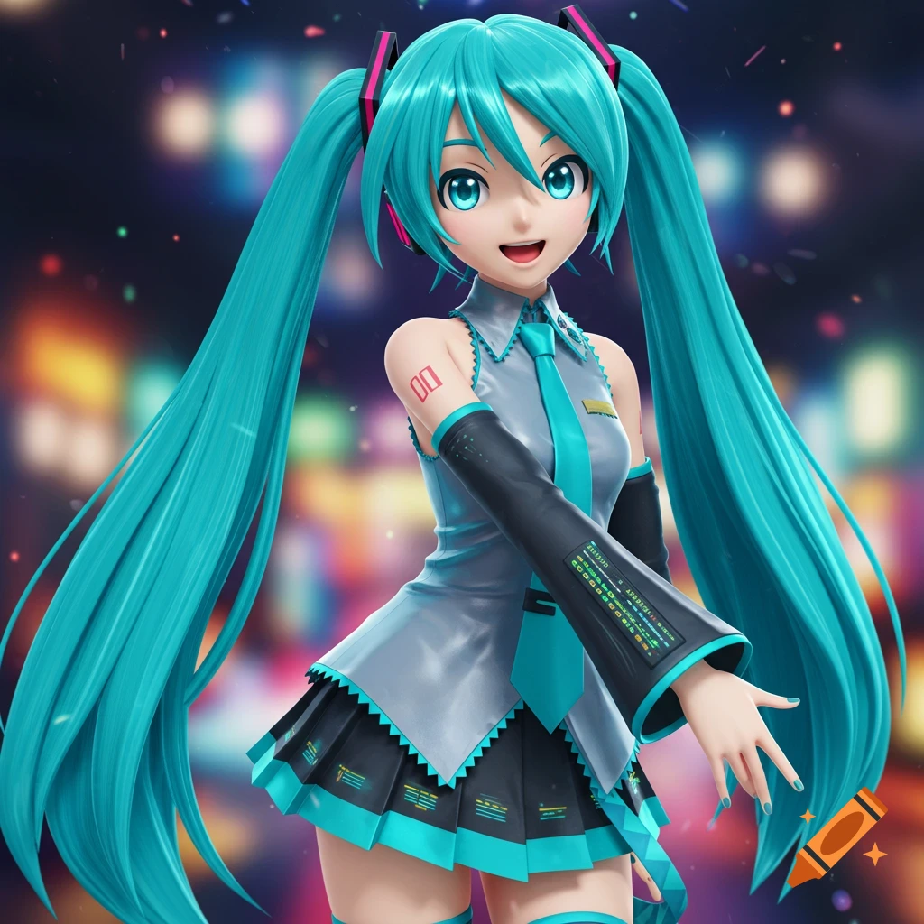 A 3D render of Hatsune Miku posing.