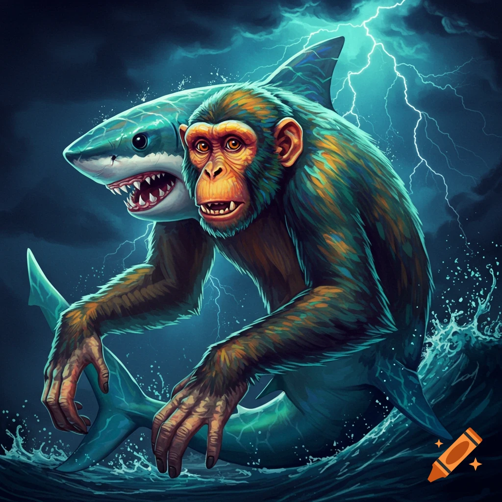 A fantasy creature, half monkey and half shark, rising from stormy water under lightning.