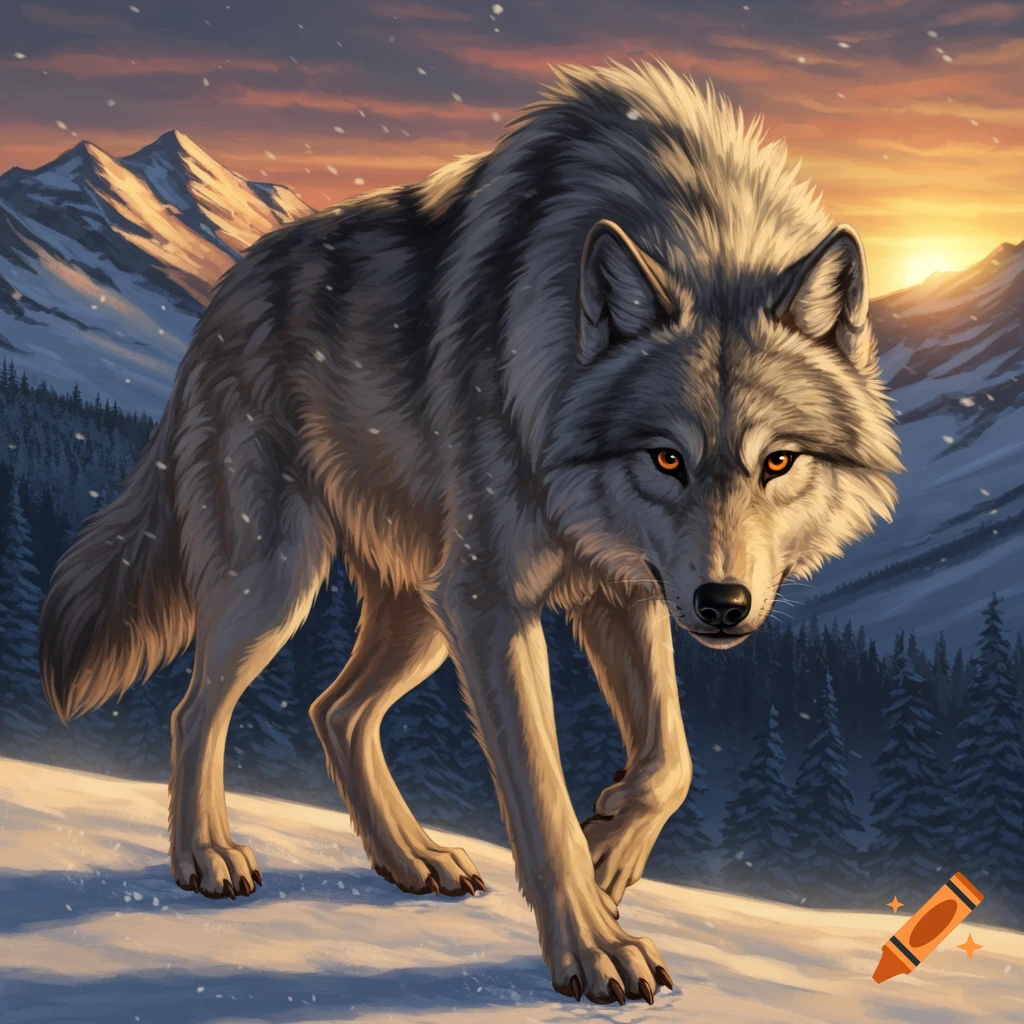 A grey wolf walking through snow in a mountain landscape at sunset.