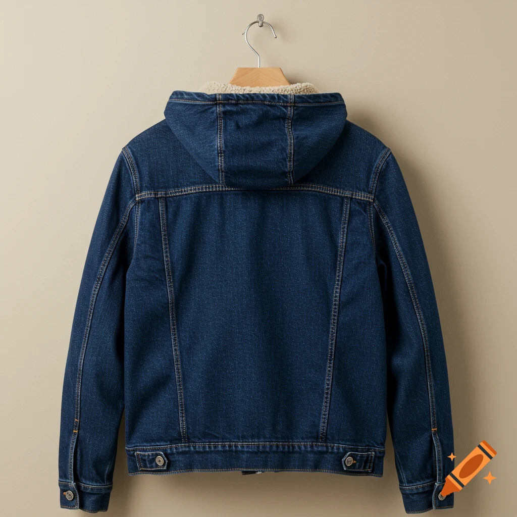 Back view of a denim jacket with a sherpa-lined hood hanging on a wooden hanger.